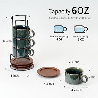 LUKA 6 Ounce Porcelain Stackable Espresso Cups with Saucers and Metal Stand Set of 4, Ceramic Cappuccino Cups Set for Specialty Coffee Drinks, Latte, Cafe Mocha and Tea, Kiln Tide Glaze - color: Kiln Tide Glaze