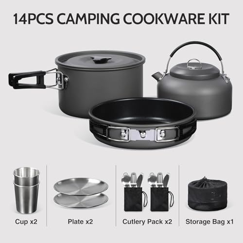 REDCAMP 6/10/11/12/14/15/19 PCS Camping Cookware Mess Kit Camping Gear Campfire Utensils Lightweight Stackable Pot Pan Bowls Soup Spoon with Storage Bag for Camping, Backpacking, Outdoor Cooking - style: Grey,16pcs W/Kettle