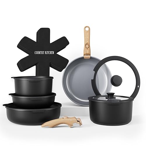 Country Kitchen Cookware Set with Removable Handle, Oven & RV Safe Pots and Pans Set, Black/Grey Wood Handle, Original - color: Black/Grey Wood Handle, size: Original