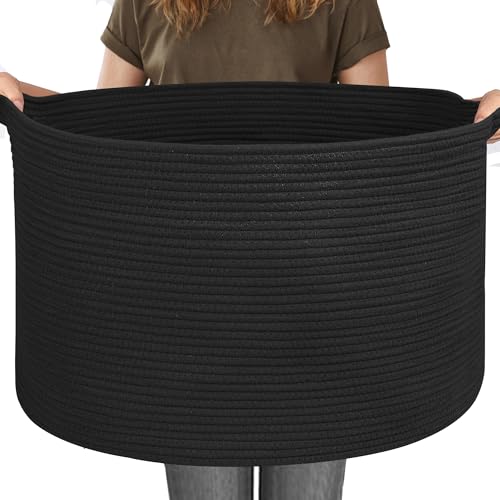 115L Super Large Black Blanket Basket, 23.6"x15.7" Woven Rope Bin for Storage, Oversized Kids Dog Toy Storage Box Bins, XXXL Blanket Holder for Living Room, Jumbo Wicker Basket for Organizing - color: Black, size: 23.6"x23.6"x15.7"