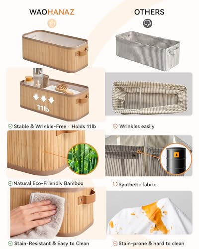 Narrow Storage Bins, Small Basket for Closet and Shelves, Bamboo Toilet Paper Storage Organizer with Handles for Countertop-Bathroom-Home Decor, 2-Pack