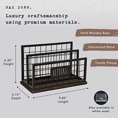 Rae Dunn Desktop Letter Holder – 2 Compartment Mail and Stationary Table Top Organizer – Chic and Stylish Galvanized Steel and Solid Wood - “Letters” Print - for Home and Office - color: Dark Stain