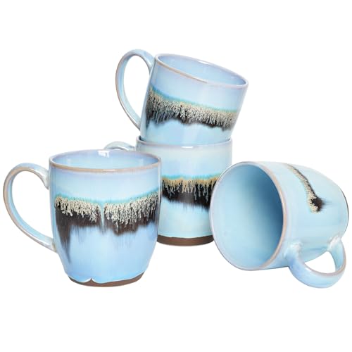 Bosmarlin Ceramic Coffee Mug Set of 4, 17 Oz, Stoneware Coffee Cups with Big Handle, Microwave Safe, Unique Reactive Glaze (17 Oz, Light Blue) - color: Light Blue