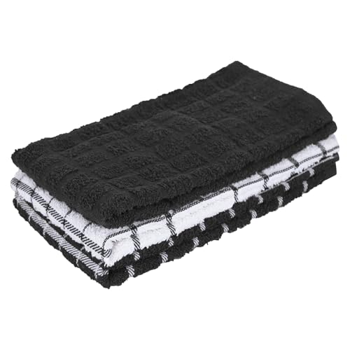 Ritz Premium 100% Cotton Terry Check Kitchen Dish Towels - Highly Absorbent, Super Soft, Long-Lasting, 25"x15", 3-Pack, Black - color: Black, size: 3-Pack - Kitchen Towel