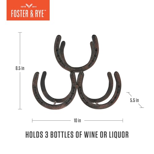 Foster & Rye Horseshoe Countertop Wine Rack, Cast Iron 3-Bottle Wine Holder, Rustic Metal Storage Rack for Kitchen, Home Bar, Tabletop Display, Western Style Decor, 10" x 5.5" x 8.5"