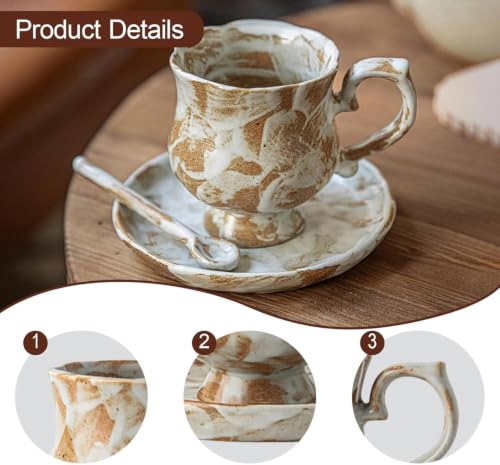 Porcelain Tea Cup and Saucer Set with Spoon, Unique Ceramic Latte Mug for Birthday, Restaurant, Wedding, Office, Kitchen Gift