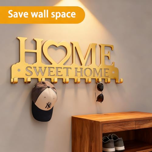 Key Holder for Wall, Decorative Key Holder with 10 Hooks, Hooks Organizer Hanger, Sweet Home Wall Decor for Entryway, Door, Bathroom, Kitchen(Gold)
