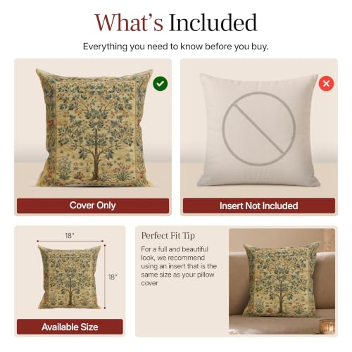 William Morris Tree of Life Light Tapestry Throw Pillow Cover 18 x 18 in - color: Beige,brown,white,green,red