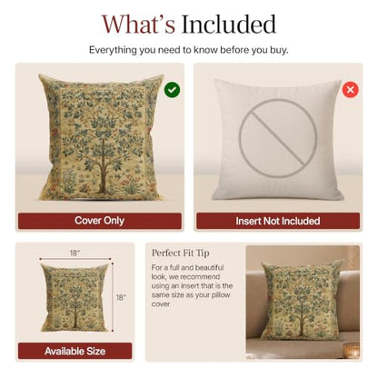 William Morris Tree of Life Light Tapestry Throw Pillow Cover 18 x 18 in - color: Beige,brown,white,green,red