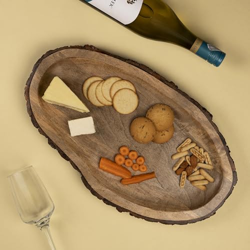 GoCraft Oval Wooden Serving Platter with Tree Bark Edges – Mango Wood Charcuterie Board, 17" x 10", Rustic Platter for Serving Cheese, Appetizers, Snacks, Fruit, and More – Perfect for Entertaining