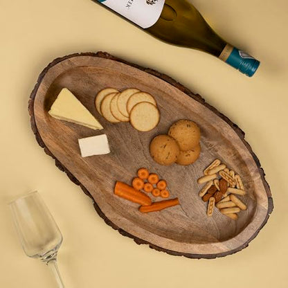 GoCraft Oval Wooden Serving Platter with Tree Bark Edges – Mango Wood Charcuterie Board, 17" x 10", Rustic Platter for Serving Cheese, Appetizers, Snacks, Fruit, and More – Perfect for Entertaining