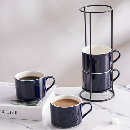 10oz Porcelain Stackable Coffee Mugs and Metal Stand Set of 4, Espresso Cups Set for Hot Drinks, Cappuccino, Tea-Blue - color: Navy