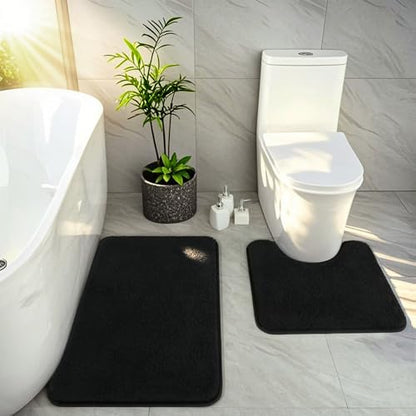 Black Bathroom Rug Set 2 Piece Bath Mat 21x34'' &U Shape Toilet Rug 21x21'' | Absorbent,Washable,Non Slip Bathroom Rugs Sets,Contour Mat for Toilet - color: Black