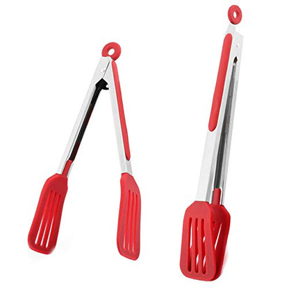 Cooking Tongs 9" and 12" Stainless Steel Kitchen Silicone Serving Tongs | Heat Resistant Meat Turner Spatula Tong Fish Tongs for Grilling Steak Salad Pasta Buffet Serving (Red) - color: Red, size: 9 & 12 inch