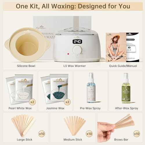 Lifestance L3 Waxing Kit for Women & Men - White - Digital Wax Pot | 400g Wax Beads, Silicone Wax Liner & Oil Spray Hair Removal Kit, Professional for Home Brazilian Bikini Face Leg Body - color: Enhanced LCD (White) Kit