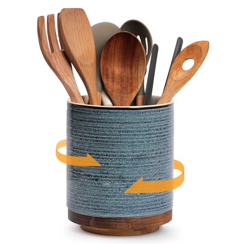 DOWAN 360° Rotating Extra Large Cooking Utensil Holder, 7.6" Kitchen Utensil Holder for Countertop, Utensil Crock for Farmhouse Kitchen Decor, Ceramic Stable Utensil Caddy, Blue - color: Blue Ring