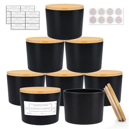 CONNOO 8 Pack 12 OZ Black Glass Wide Mouth Candle Jars | Airtight Bamboo Lids, Sticky Warning Labels, For Candle Making, Dishwasher Safe - color: Black