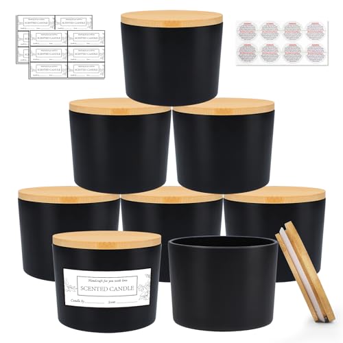CONNOO 8 Pack 12 OZ Black Glass Wide Mouth Candle Jars | Airtight Bamboo Lids, Sticky Warning Labels, For Candle Making, Dishwasher Safe - color: Black