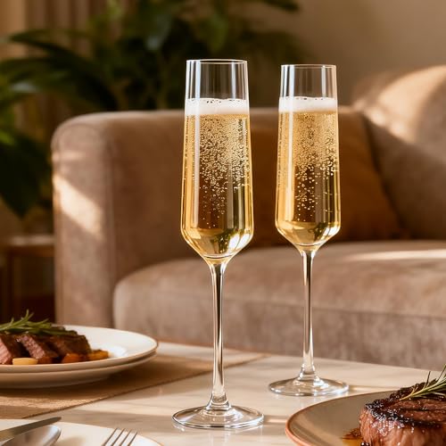 6 Pack Champagne Flutes - Elegant Stemware Champagne Glass Set for Weddings, Birthdays, Holidays - 7.5oz Crystal Clear, Dishwasher Safe, Ideal Gift Set (6)