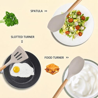 MIBOTE Silicone Cooking Kitchen Utensils Set, Wooden Handle, Khaki | BPA-Free, Non-Toxic Silicone Turner, Tongs, Spatula, Spoon Set – Great for Nonstick Cookware, Heat-Resistant, Easy Clean - color: Khaki