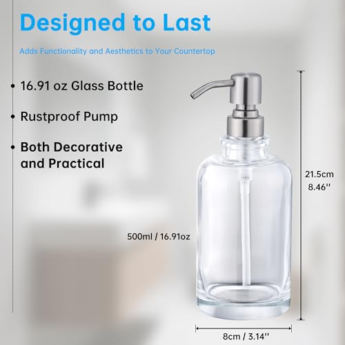 Glass Soap Dispenser Clear with Brushed Nickel Pump, 16.9 OZ Liquid Soap Dispenser Cylindrical with Stainless Steel Pump for Dish Hand Soap Bathroom Kitchen Vanity Countertop - color: Brushed Nickel, size: 16.9 oz