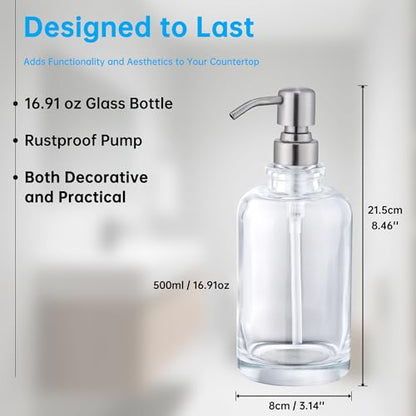 Glass Soap Dispenser Clear with Brushed Nickel Pump, 16.9 OZ Liquid Soap Dispenser Cylindrical with Stainless Steel Pump for Dish Hand Soap Bathroom Kitchen Vanity Countertop - color: Brushed Nickel, size: 16.9 oz