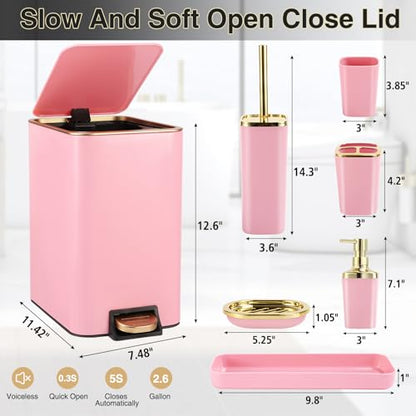 XLHOMO Pink Bathroom Accessories Set 8 Piece Pink and Gold Bathroom Set, Bathroom Sets with Stainless Steel Trash Can,Toilet Brush,Toothbrush Set,Soap Dispenser - size: Pink, style: Bath Set