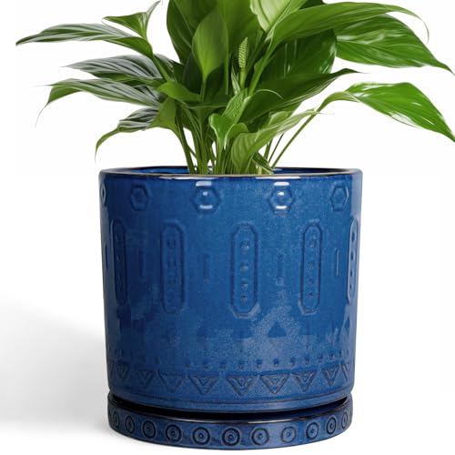Eightpot Ceramic Planter - 8 Inch Plant Pot Indoor with Drainage Holes and Saucer Round Planter Outdoor Mid-Century Modern Flower Pot Succulent Pot for Home Decor Blue - color: Blue, size: 8 Inch