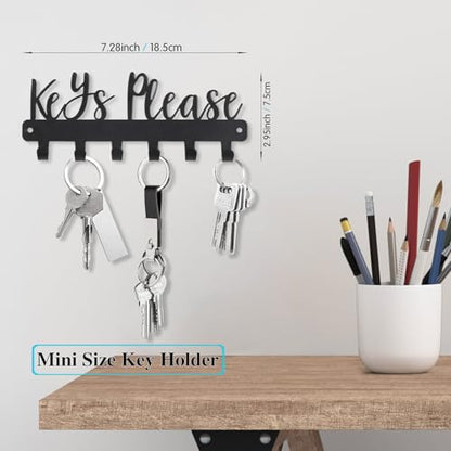 Keys Please Key Holder Wall Mounted, Mini Size: 7.28x2.95inch | Black Metal Decorative Rack Hooks for Garage,Mudroom,Hallway,Entryway,Front Door,Office - size: Mini Size Key Hooks:7.28x2.95inches