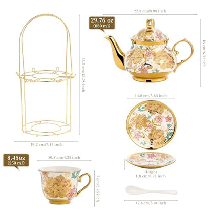 20 Pieces Porcelain Tea Set With Metal Holder, European Ceramic tea set for adults,Flower Tea Set,Tea Set For Women With Flower Painting - color: eel Yellow