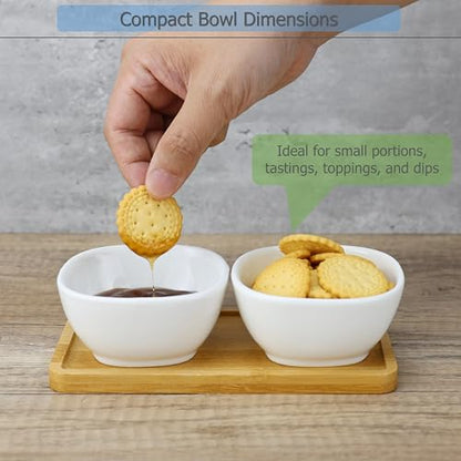 EIKS Ceramic Dip Bowls Side Dishes with Wooden Tray | For Serving Appetizer, Nuts Candy Snack, Sauce Seasoning