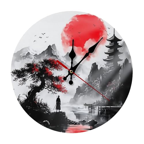 Japanese Samurai Minimalist Silent Wall Clock 11.8x11.8 inches, Modern Round Wooden Clock Without Numbers for Bedroom Living Room Office Home Decor - color: Japanese Samurai, size: 11.8x11.8 inches