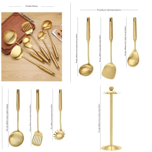 Premium 7-Piece Gold Kitchen Utensil Set with Stand, Stainless Steel Cooking Tools- Dishwasher Safe Ladle, Spoon, Spatula, Pasta Fork, Luxury Brass Kitchen Accessories for Home Chefs (Gold) - color: Gold
