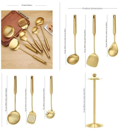 Premium 7-Piece Gold Kitchen Utensil Set with Stand, Stainless Steel Cooking Tools- Dishwasher Safe Ladle, Spoon, Spatula, Pasta Fork, Luxury Brass Kitchen Accessories for Home Chefs (Gold) - color: Gold