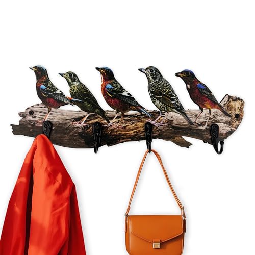 Wooden Vintage Tree Branch Coat Rack with Birds Towel Holder Hats Wall Hooks Decorative Rustic Farmhouse Wall Mounted Hanging