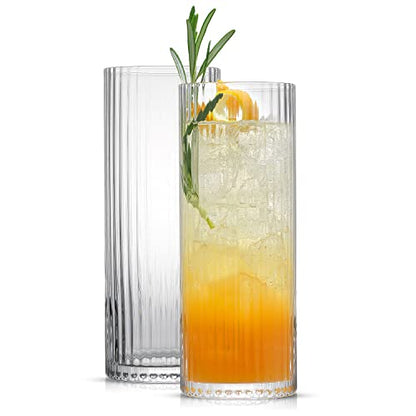 JoyJolt Elle 16oz Fluted Highball Glasses Set of 2, Ribbed Tall Cocktail Tumblers for Gin Juice Water, Vintage Style Drinking Glasses - style: Highball Glasses