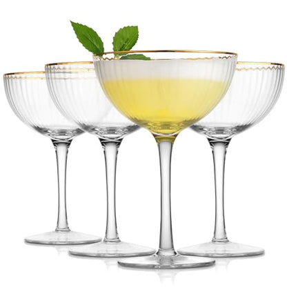 Royalrose Premium Cheerfull 10.7 oz Gold Rim Coupe Glasses Set of 4 | Vintage Gold Rim, Hand-Blown Fine Fluted Glass – Elegant Barware for Cocktails, Parties & Home Entertaining
