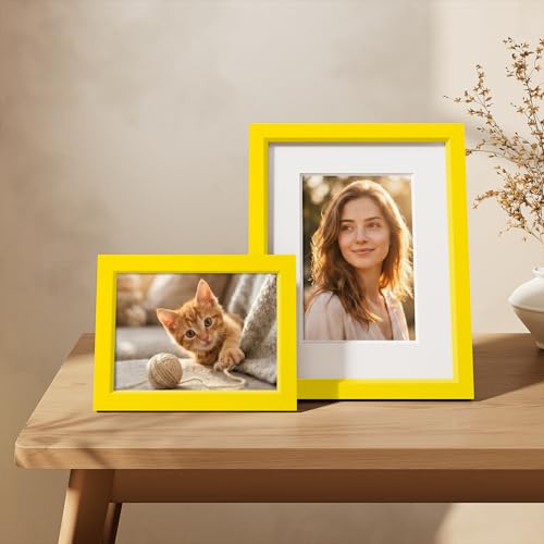 Vittanly Solid Wood 8x10 Picture Frames Set of 4, Yellow | 5x7 Picture Frame with Mat, Gallery Wall Frame Set, 8 x 10 Frame for Wall & Tabletop Display, Family, Pet, Christmas - color: Yellow, size: 8x10