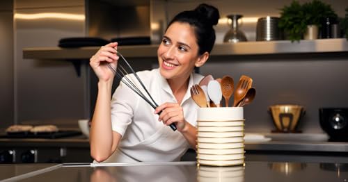 Utensil Holder for Kitchen Counter Large Cooking Utensil Holder,Gold Ring Metal Frame and White Ceramics - color: White Gold, size: XL