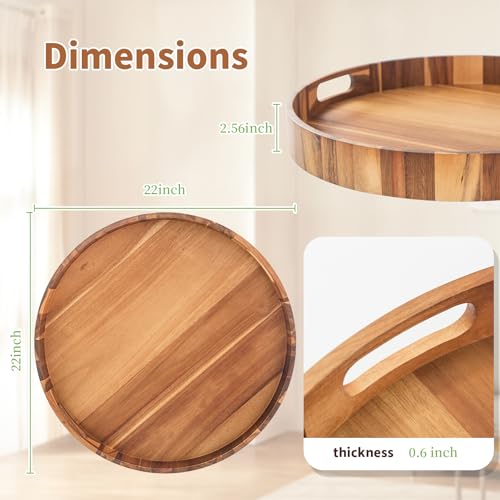 Large Ottoman Tray, 22" Big Ottoman Tray for Living Room, Large Serving Tray with Handles for Coffee Table Kitchen Counter,Great Round Wooden Trays with 4 Round Coasters for Appetizers, Dinner - color: 22" Round Tray W/ 4-coasters - Acacia