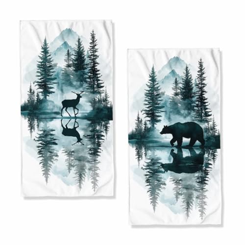 Foggy Forest Bea Hand Towels Bathroom Set of 2 Absorbent Pine Trees Forest Deer Decorative Hand Towels Set for Bathroom Gym Hotel Spa Bathroom Hand Towels Gifts for Women Man 14x28 Inch - color: Foggy Forest Bea