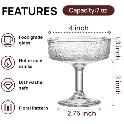 Pumtus Set of 6 Vintage Coupe Glasses, 7 OZ Embossed Martini Glass, Floral Fluted Cocktail Glasses, Unique Clear Margarita Cup, Romantic Drinking Glassware for Cocktail Wine Champagne