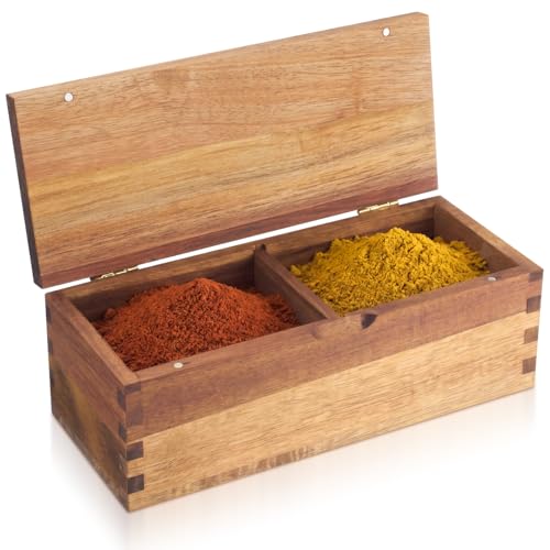 Acacia Wood Salt Cellar Spice Box with Magnetic Lid 29oz Large Capacity Salt Organizer 2 Compartments for Kitchen Countertop, Pepper, Seasonings, Spices, Grilling & Cooking - color: Acacia Wood, style: 2 Compartments