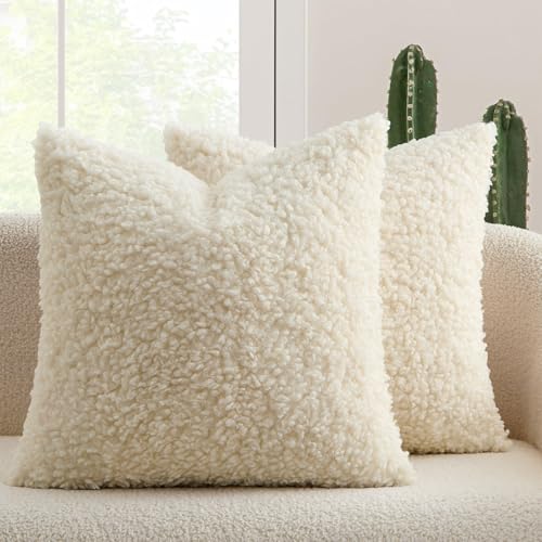 MIULEE Decorative Faux Fur Pillow Covers Sherpa 18x18 Cream White | Set of 2 Fuzzy Accent Couch Throw Pillows, Soft Sheepskin Fleece Pillowcases, Home Decor Sofa Livingroom Bed - color: Cream White, size: 18" x 18" (Pack of 2)