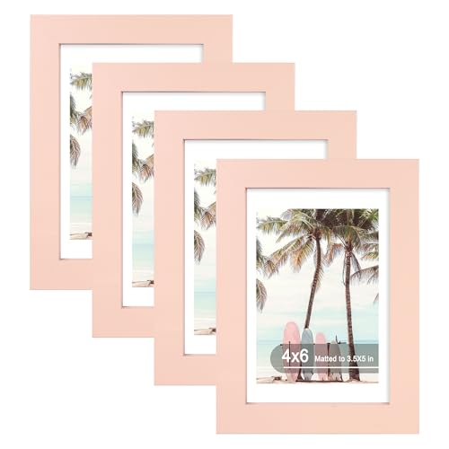Hongkee 4x6 Picture Frame (4 Pack, Pink), Made of Real Glass and Wooden Frame - Display Pictures 3.5x5 with Mat or 4x6 Without Mat, 4 by 6 Photo Frames TableTop Display and Wall Mounting - color: Pink, size: 4x6 in