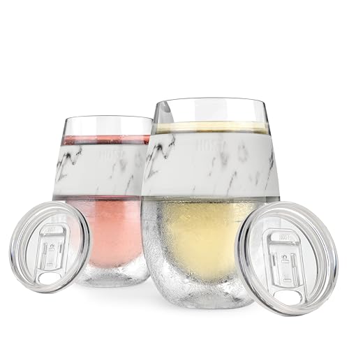 Host Freeze On the Go Stemless Wine Glasses with Lids for Red and White Wines, Double Wall Insulated Drink Chiller Tumblers for Travel, Outdoor Gifts for Women and Moms, 8.5 oz, Set of 2, Marble - color: White