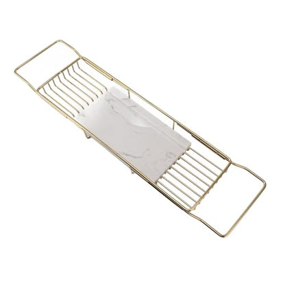 Marhynchus Metal Marble Bathtub Rack, Bathtub Caddy Tray Stainless Steel Shower Caddy Tray with Extending Sides, Bathroom Trays (Gold White) - size: Gold White