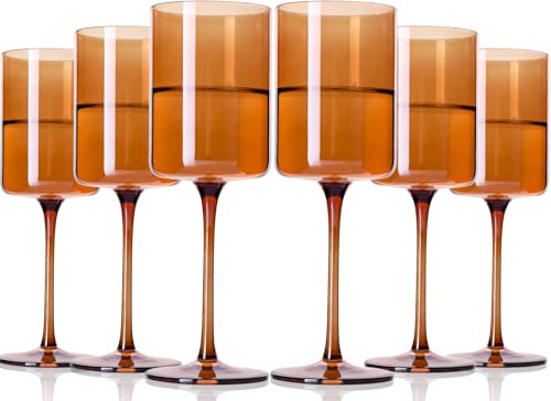 Amber Wine Glasses Set of 6 - 14oz Hand Blown Square Colored With Tall Long Stems, Modern Set for All Occasions - color: Brown