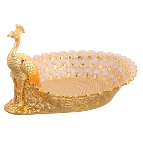 Hemobllo Elegant Ornate Peacock Fruit Platter Tray Metal Serving Tray for Party Snacks and Dessert Display Large Capacity Decorative Storage Plate for Living and Dining Table - color: Golden