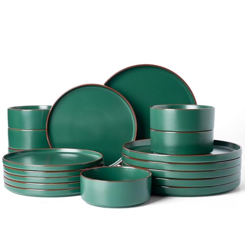 Famiware Nebula Ridge 18-Piece Stoneware Dinnerware Set, Dark Green | Plates and Bowls for 6, Warm Hand-Painted Rims, Microwave and Dishwasher Safe, Daily Essentials - color: Dark Green, size: Service for 6 (Standard Dinner Set)